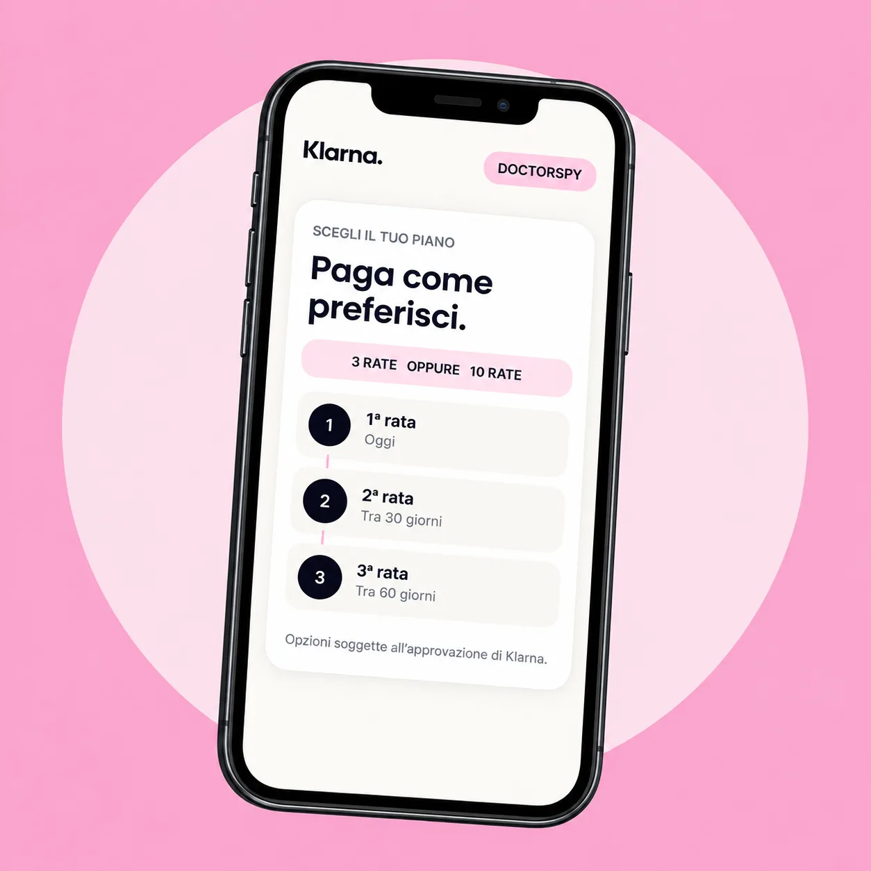 iPhone intero con schermata Klarna, davanti a un cerchio rosa chiaro