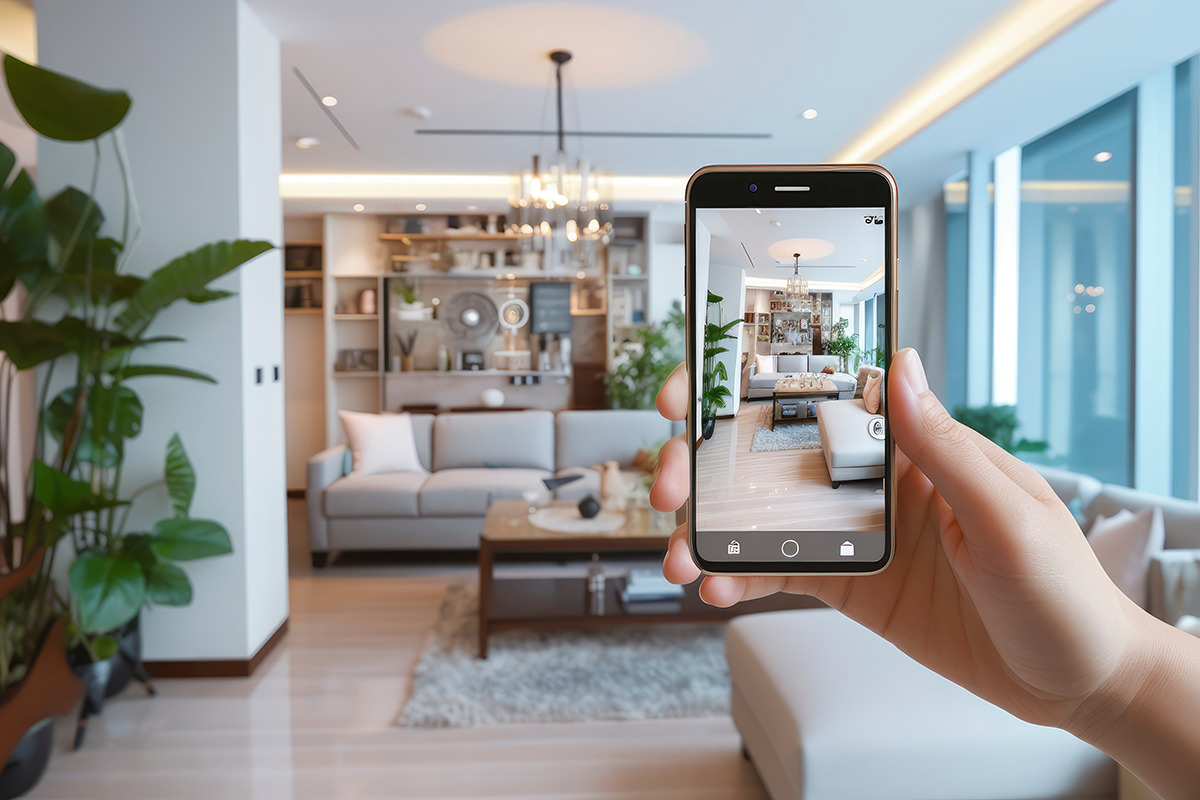Uno smartphone connesso in tempo reale a una telecamera wifi controlla l'interno di una casa