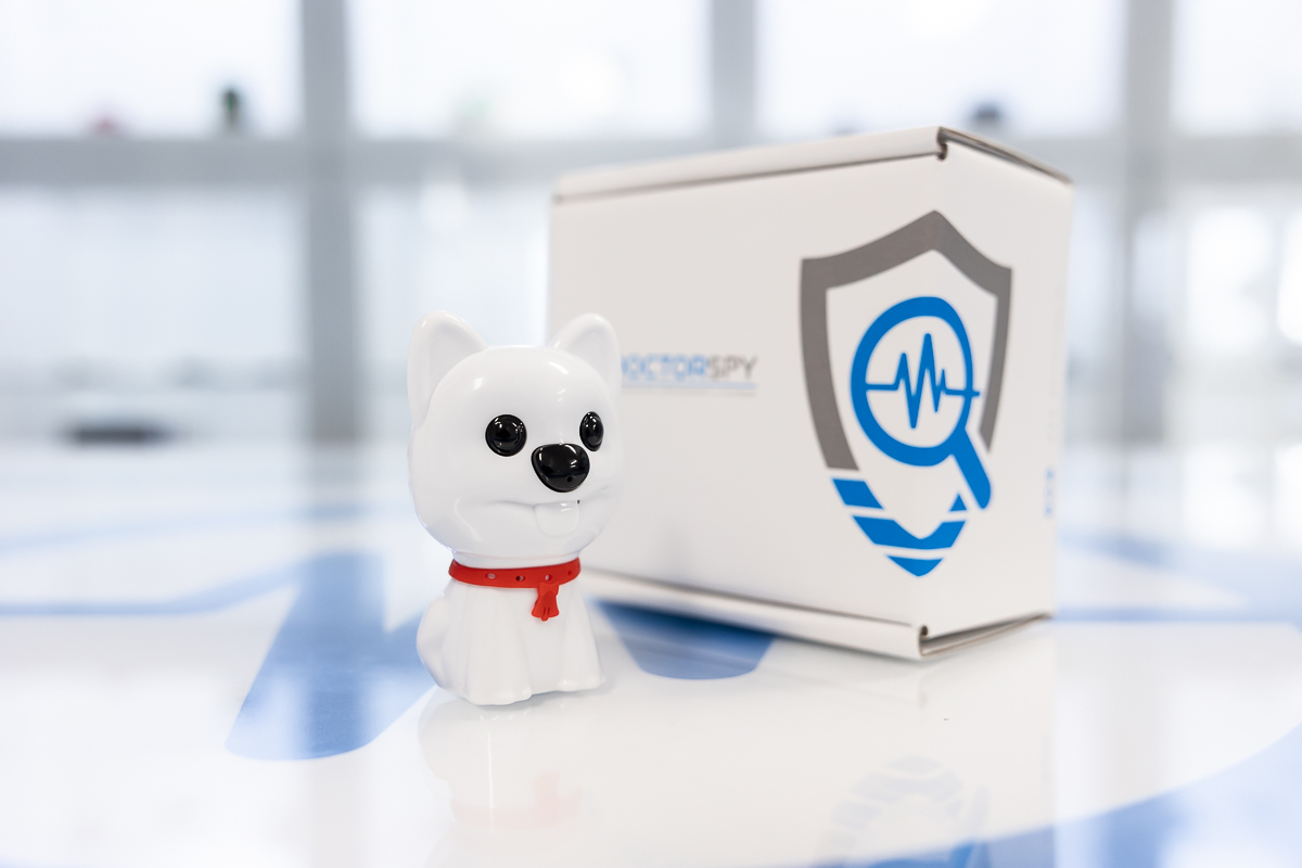 Registratore spia occultato in pupazzetto a forma di cane bianco con scatola, codice rec.v.15